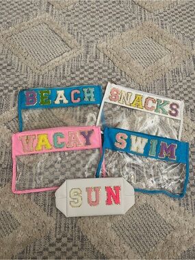 5 Beach Sun Snacks Swim Vacay Summer Patch Clear Zip Pouch Bags Bundle Lot